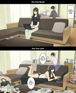Page 6 of Dousei Seikatsu Ikkagetsume to Ichinen Ato, Asaokite kara Shuushin made no Hikaku | A Day in the Life of a Couple: Their First Month Living Together vs. One Year Later - preview thumbnail