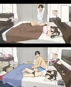 Dousei Seikatsu Ikkagetsume to Ichinen Ato, Asaokite kara Shuushin made no Hikaku | A Day in the Life of a Couple: Their First Month Living Together vs. One Year Later — hentai manga cover on Fhentai